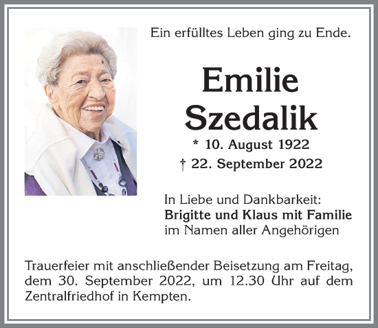 Traueranzeige von Emilie Szedalik von Allgäuer Zeitung,Kempten