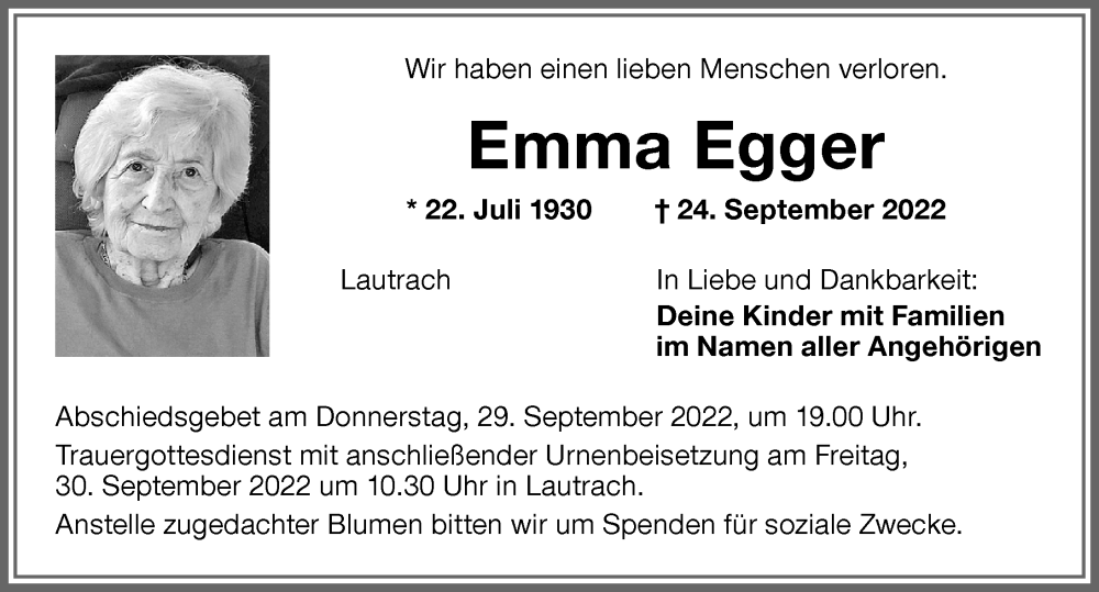  Traueranzeige für Emma Egger vom 28.09.2022 aus Memminger Zeitung