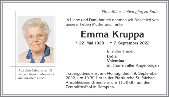 Traueranzeige von Emma Kruppa von Allgäuer Zeitung,Kempten