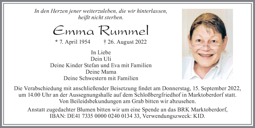  Traueranzeige für Emma Rummel vom 10.09.2022 aus Allgäuer Zeitung, Marktoberdorf