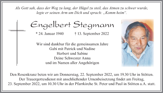 Traueranzeige von Engelbert Stegmann von Allgäuer Zeitung, Marktoberdorf