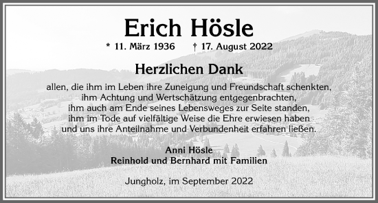 Traueranzeige von Erich Hösle von Allgäuer Anzeigeblatt