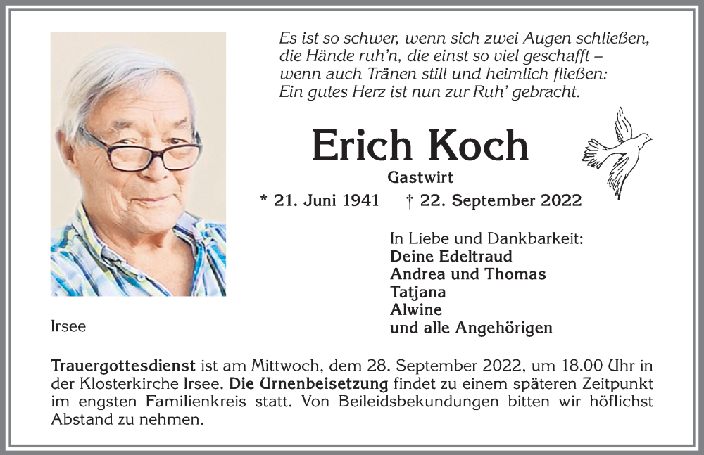  Traueranzeige für Erich Koch vom 27.09.2022 aus Allgäuer Zeitung, Kaufbeuren/Buchloe