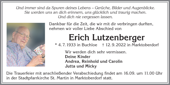 Traueranzeige von Erich Lutzenberger von Allgäuer Zeitung, Marktoberdorf
