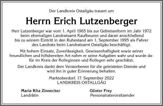 Traueranzeige von Erich Lutzenberger von Allgäuer Zeitung, Marktoberdorf