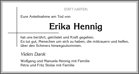 Traueranzeige von Erika Hennig von Allgäuer Zeitung,Kempten
