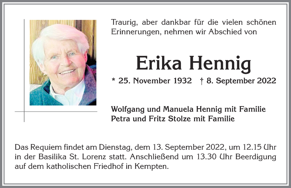  Traueranzeige für Erika Hennig vom 10.09.2022 aus Allgäuer Zeitung,Kempten