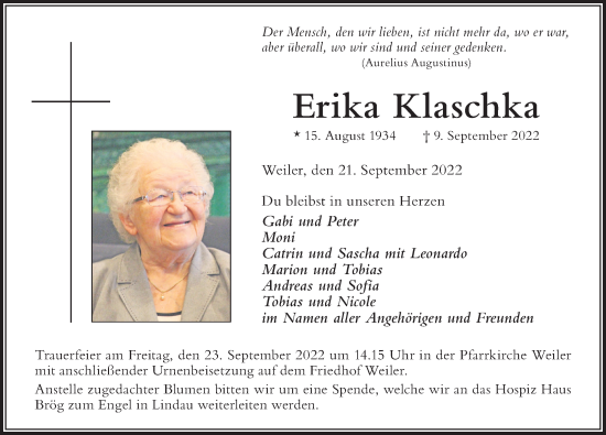 Traueranzeige von Erika Klaschka von Der Westallgäuer