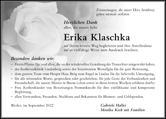 Traueranzeige von Erika Klaschka von Der Westallgäuer