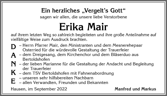 Traueranzeige von Erika Mair von Allgäuer Zeitung, Marktoberdorf
