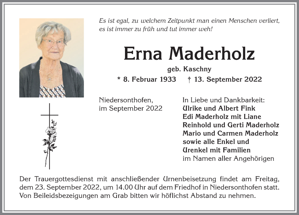  Traueranzeige für Erna Maderholz vom 20.09.2022 aus Allgäuer Anzeigeblatt