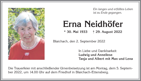 Traueranzeige von Erna Neidhöfer von Allgäuer Anzeigeblatt