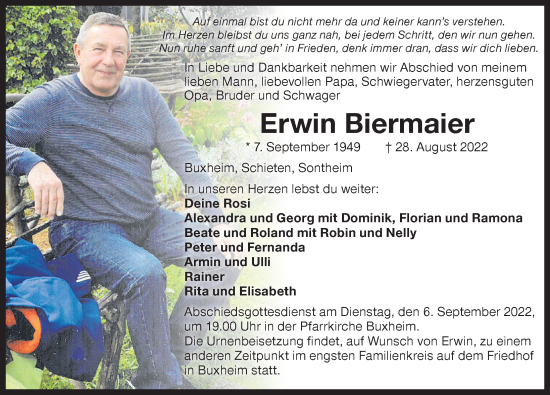 Traueranzeige von Erwin Biermaier von Memminger Zeitung