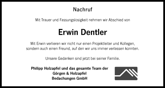 Traueranzeige von Erwin Dentler von Memminger Zeitung