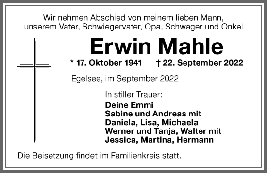 Traueranzeige von Erwin Mahle von Memminger Zeitung