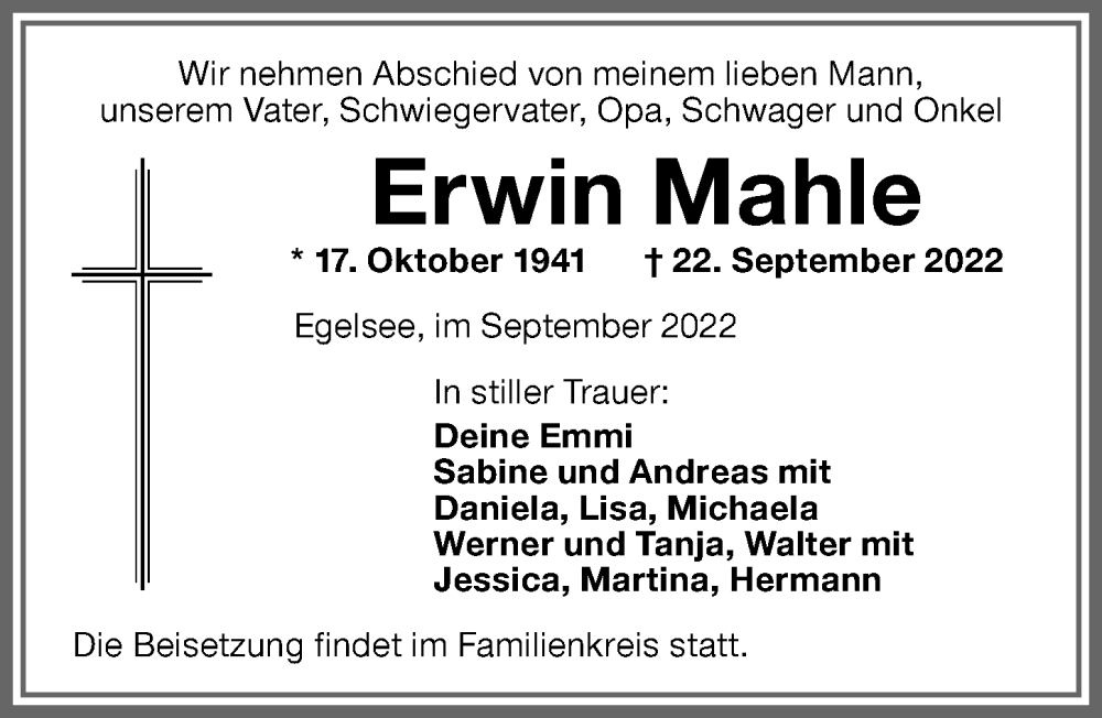  Traueranzeige für Erwin Mahle vom 28.09.2022 aus Memminger Zeitung