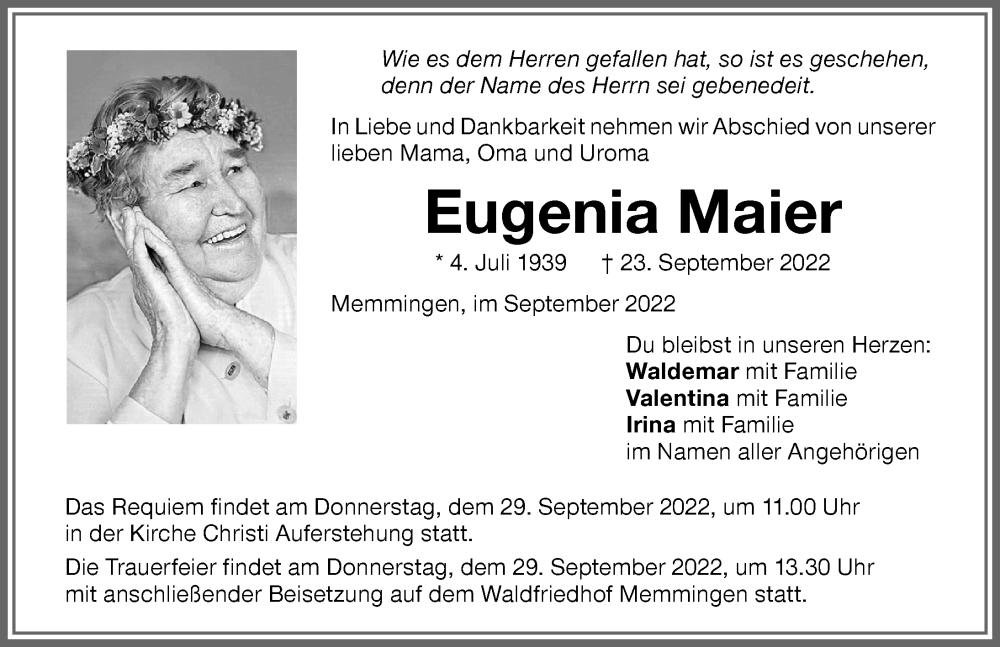 Traueranzeige für Eugenia Maier vom 27.09.2022 aus Memminger Zeitung