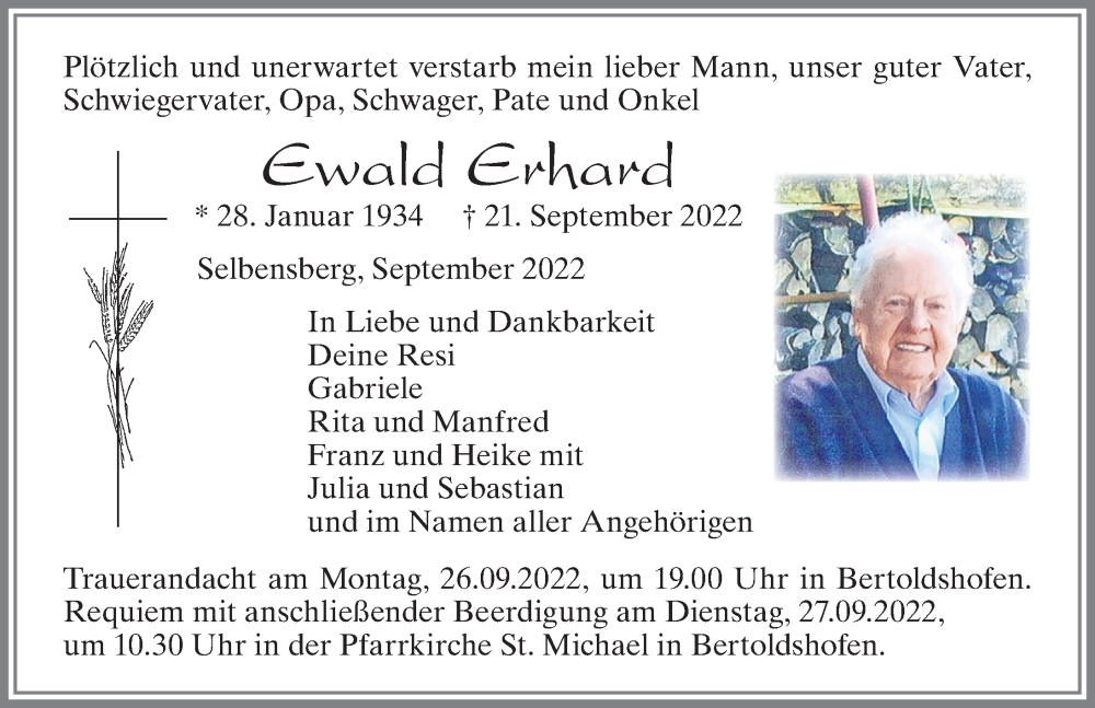  Traueranzeige für Ewald Erhard vom 24.09.2022 aus Allgäuer Zeitung, Marktoberdorf