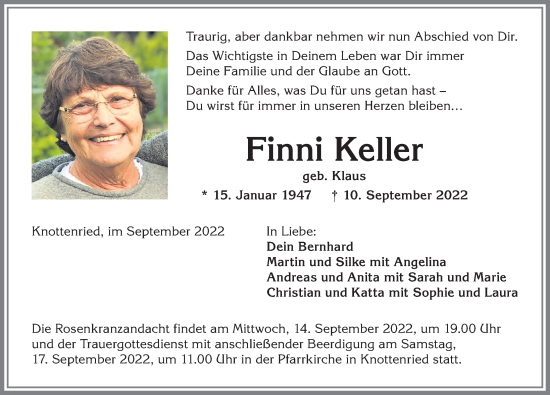 Traueranzeige von Finni Keller von Allgäuer Zeitung,Kempten