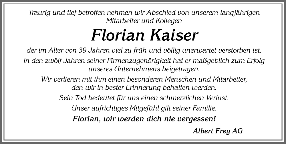  Traueranzeige für Florian Kaiser vom 01.09.2022 aus Allgäuer Zeitung, Marktoberdorf