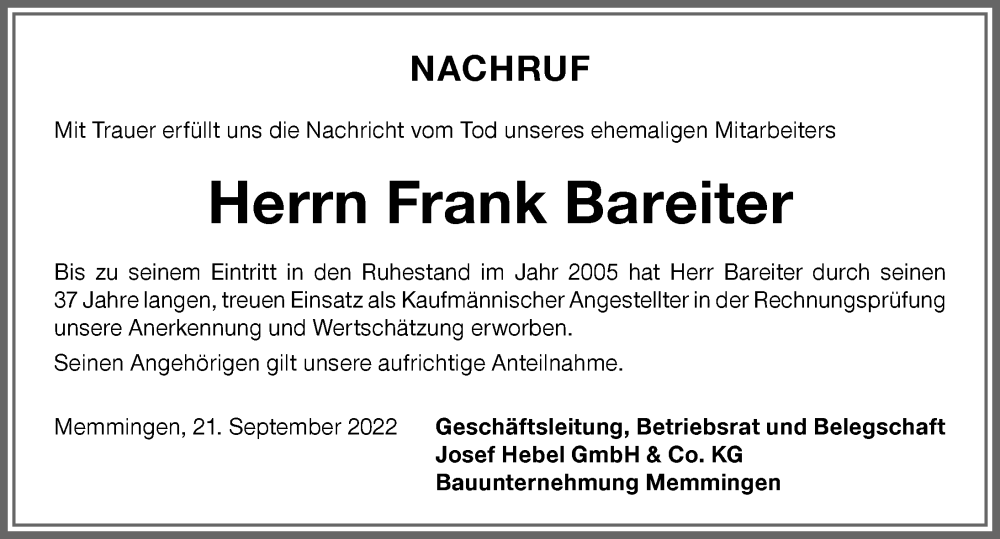  Traueranzeige für Frank Bareiter vom 22.09.2022 aus Memminger Zeitung
