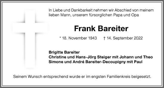 Traueranzeige von Frank Bareiter von Memminger Zeitung