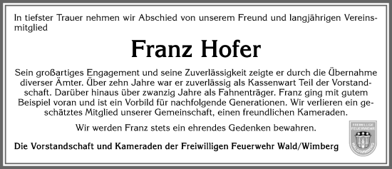 Traueranzeige von Franz Hofer von Allgäuer Zeitung, Marktoberdorf