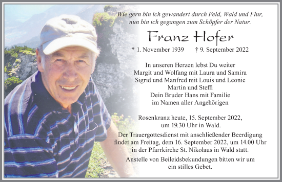 Traueranzeige von Franz Hofer von Allgäuer Zeitung, Marktoberdorf