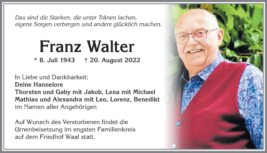 Traueranzeige von Franz Walter von Allgäuer Zeitung, Kaufbeuren/Buchloe