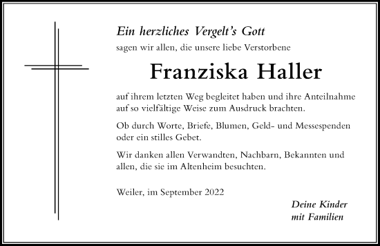 Traueranzeige von Franziska Haller von Der Westallgäuer