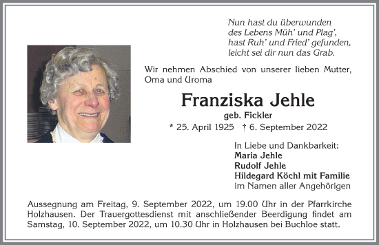 Traueranzeige von Franziska Jehle von Landsberger Tagblatt, Augsburger Allgemeine