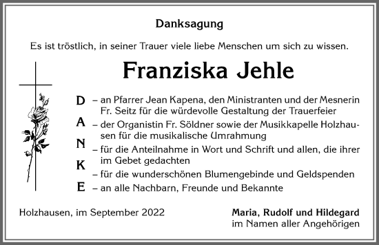 Traueranzeige von Franziska Jehle von Landsberger Tagblatt, Augsburger Allgemeine