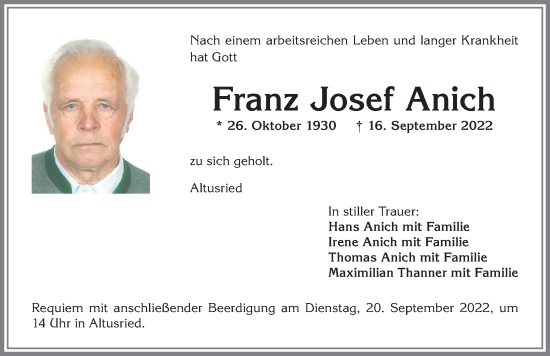 Traueranzeige von Franz Josef Anich von Allgäuer Zeitung,Kempten