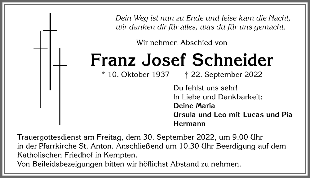  Traueranzeige für Franz Josef Schneider vom 28.09.2022 aus Allgäuer Zeitung,Kempten