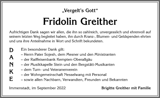 Traueranzeige von Fridolin Greither von Allgäuer Zeitung,Kempten