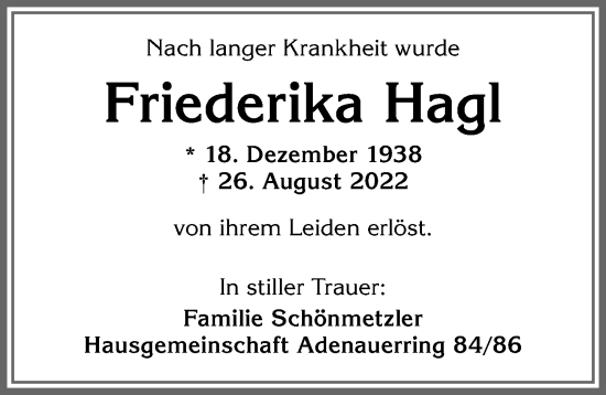 Traueranzeige von Friederika Hagl von Allgäuer Zeitung,Kempten