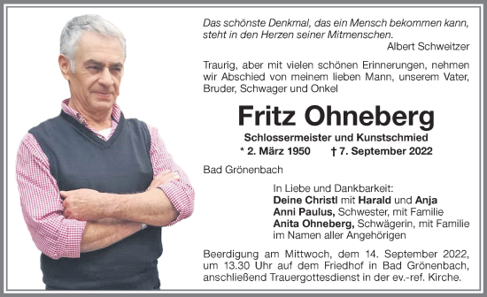 Traueranzeige von Fritz Ohneberg von Memminger Zeitung