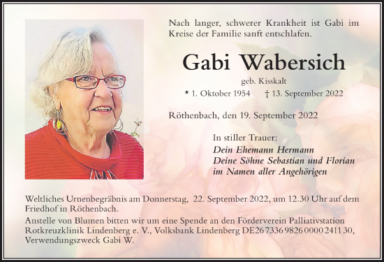 Traueranzeige von Gabi Wabersich von Allgäuer Zeitung,Kempten