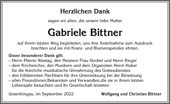 Traueranzeige von Gabriele Bittner von Allgäuer Zeitung, Marktoberdorf