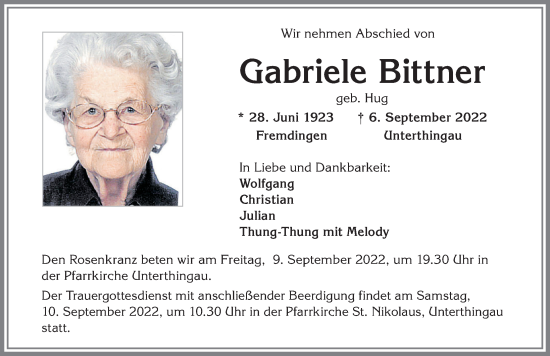 Traueranzeige von Gabriele Bittner von Allgäuer Zeitung, Marktoberdorf