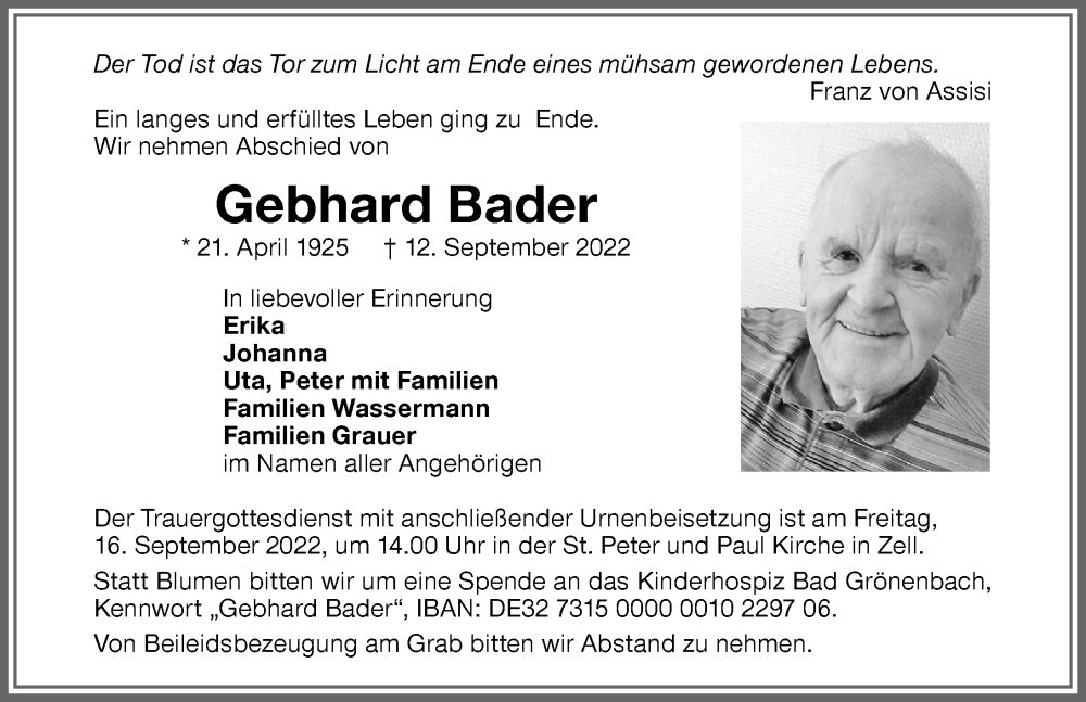  Traueranzeige für Gebhard Bader vom 15.09.2022 aus Memminger Zeitung