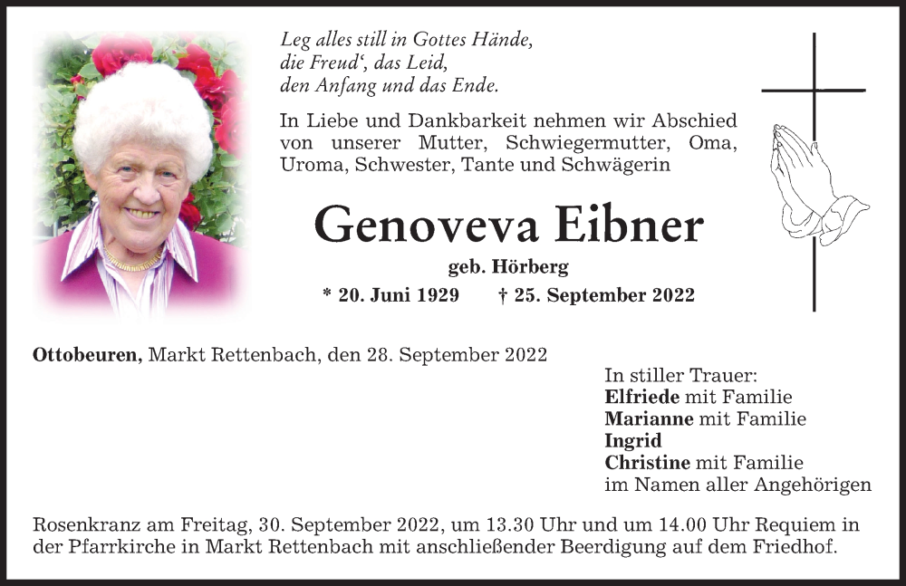  Traueranzeige für Genoveva Eibner vom 28.09.2022 aus Memminger Zeitung