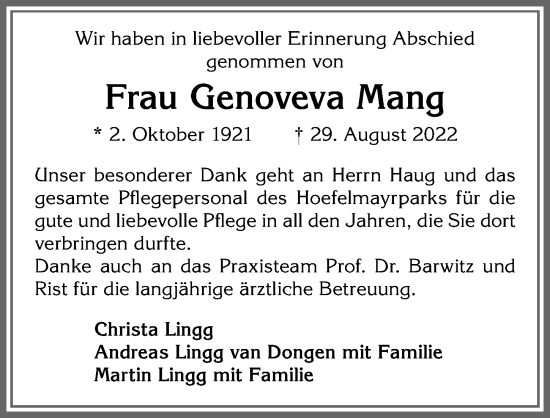 Traueranzeige von Genoveva Mang von Allgäuer Zeitung,Kempten