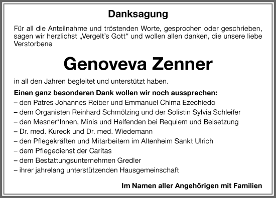 Traueranzeige von Genoveva Zenner von Memminger Zeitung