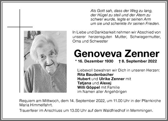 Traueranzeige von Genoveva Zenner von Memminger Zeitung