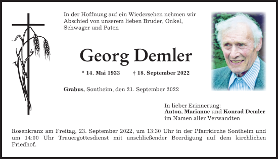 Traueranzeige von Georg Demler von Augsburger Allgemeine, Mindelheimer Zeitung