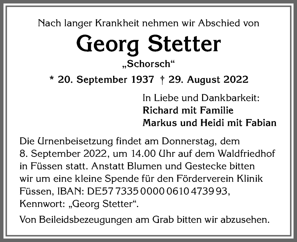  Traueranzeige für Georg Stetter vom 05.09.2022 aus Allgäuer Zeitung, Füssen