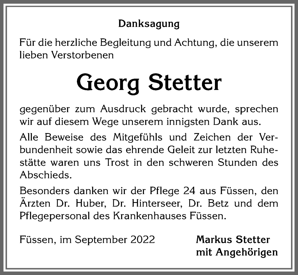  Traueranzeige für Georg Stetter vom 23.09.2022 aus Allgäuer Zeitung, Füssen