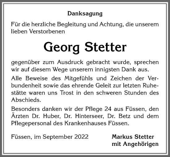 Traueranzeige von Georg Stetter von Allgäuer Zeitung, Füssen