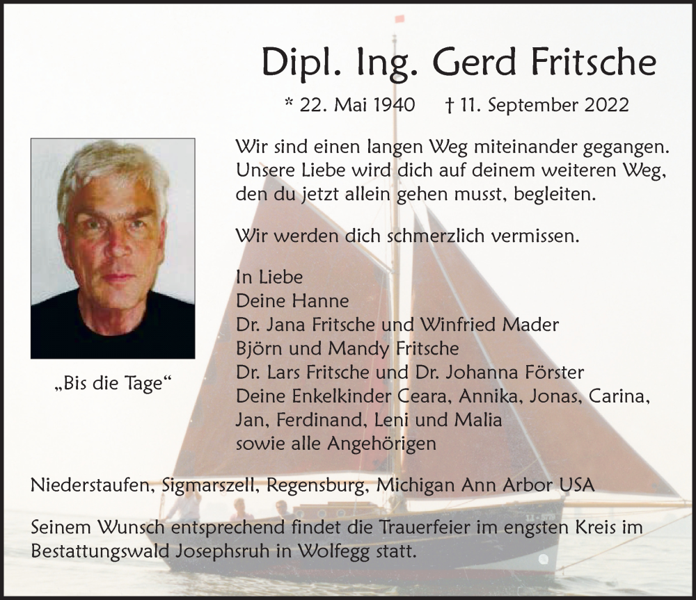  Traueranzeige für Gerd Fritsche vom 17.09.2022 aus Der Westallgäuer